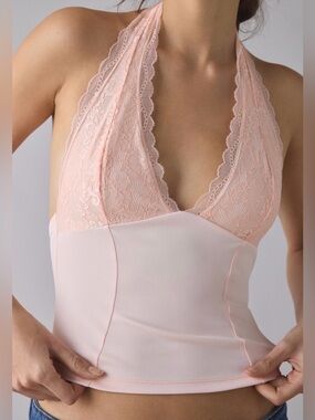 UO Luna Mixed Lace Trim Plunge Halter Top NWT